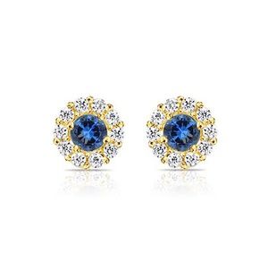 14K GOLD Halo Blue Sapphire CZ Birthstone Earrings